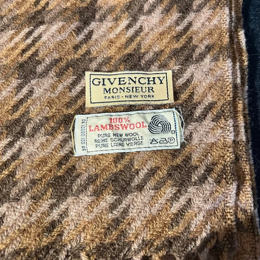 Givenchy Monsieur Brown Houndstooth 100% Lambswool Scarf Vintage‎ Fringed Mens